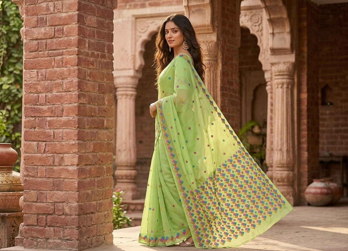 Phulkari Saree – Hand Embroidered Parrot Green Saree for Women | The Amritsar Store