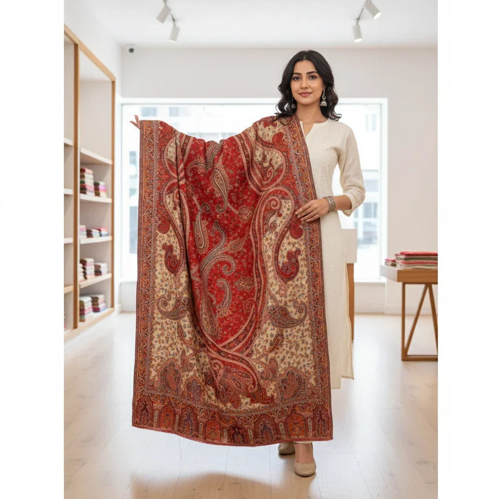 The Amritsar Store Women's Shawl, Jamawar Kani Shawl, Kashmiri Shawl, Paisley Design Woven Shawl, Faux Wool Shawl, Warm Shawl, Shawl For Women - The Amritsar Store