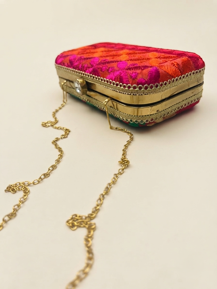 Phulkari Clutch – Multicolor Traditional Punjabi Clutch with Golden Chain
