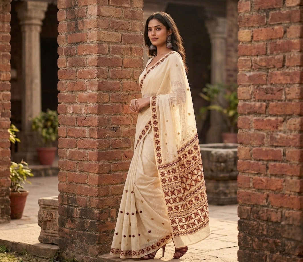 Phulkari Saree – Hand Embroidered Off White Saree For Women | The Amritsar Store