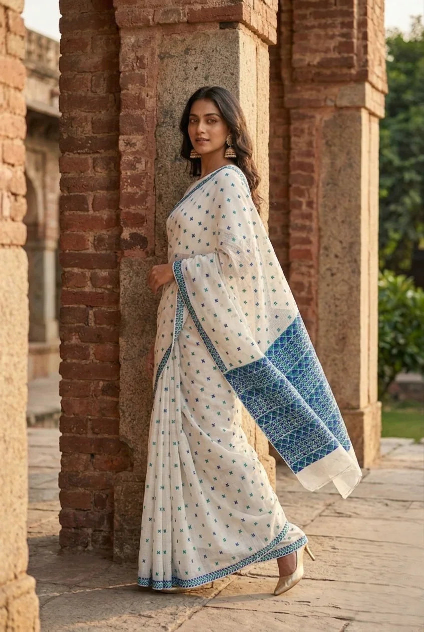 Phulkari Saree-Hand Embroidered White Saree with Blue Embroidery |The Amritsar Store - The Amritsar Store