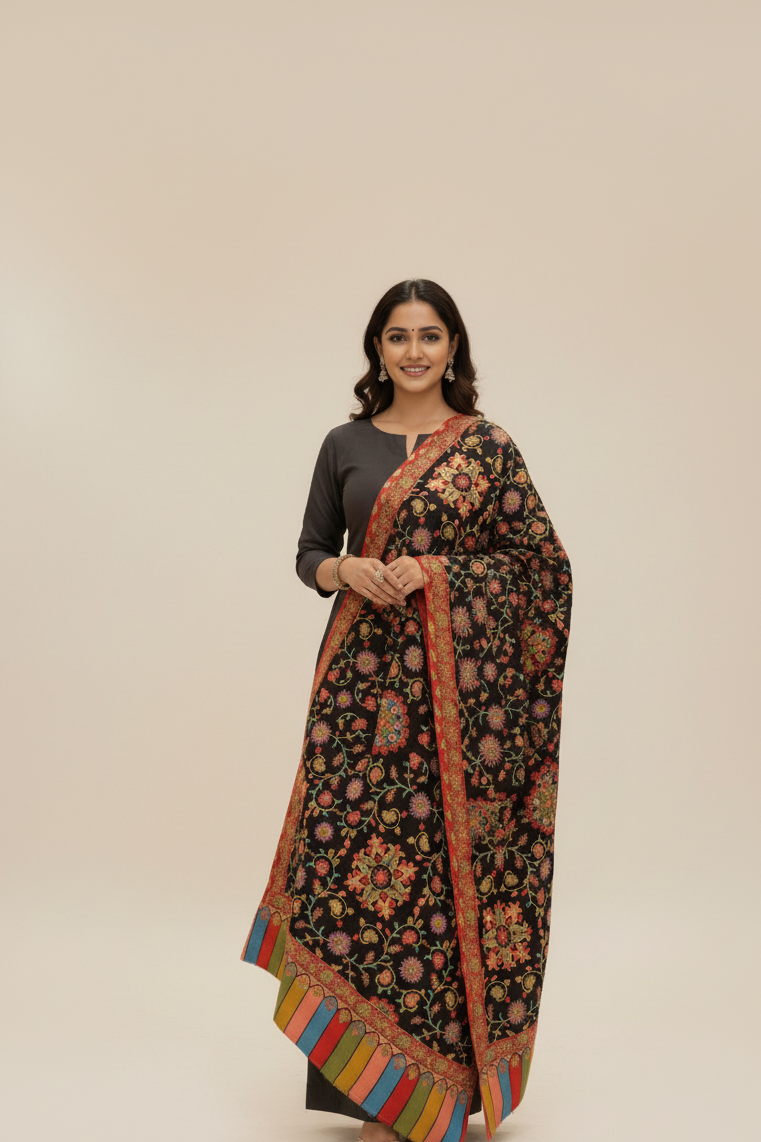 The Amritsar Store Womens Extra Fine Wool ,Kalamkari Handcrafted Shawl in Black