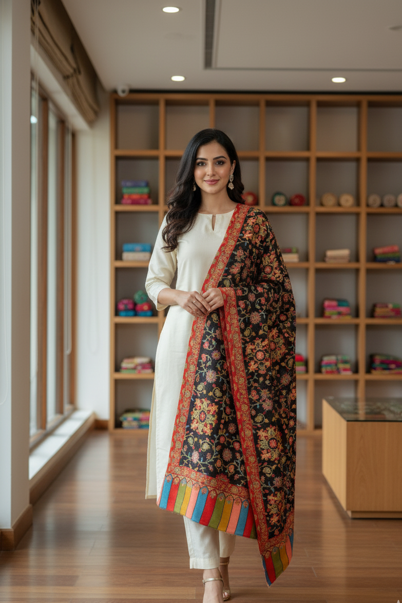 The Amritsar Store Womens Extra Fine Wool ,Kalamkari Handcrafted Shawl in Black