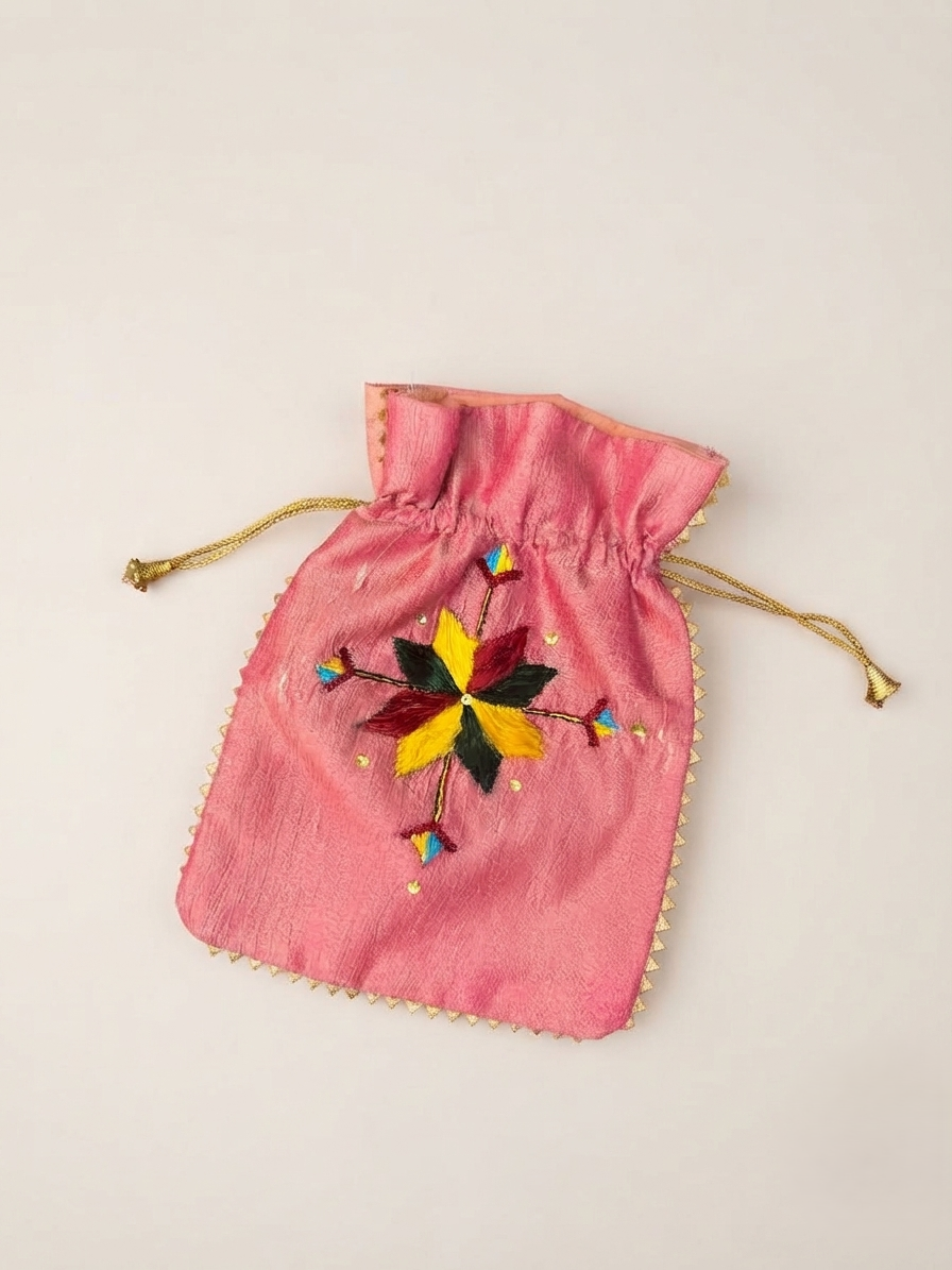 Phulkari Potli– Pink Hand Embroidered Floral Potli | The Amritsar Store