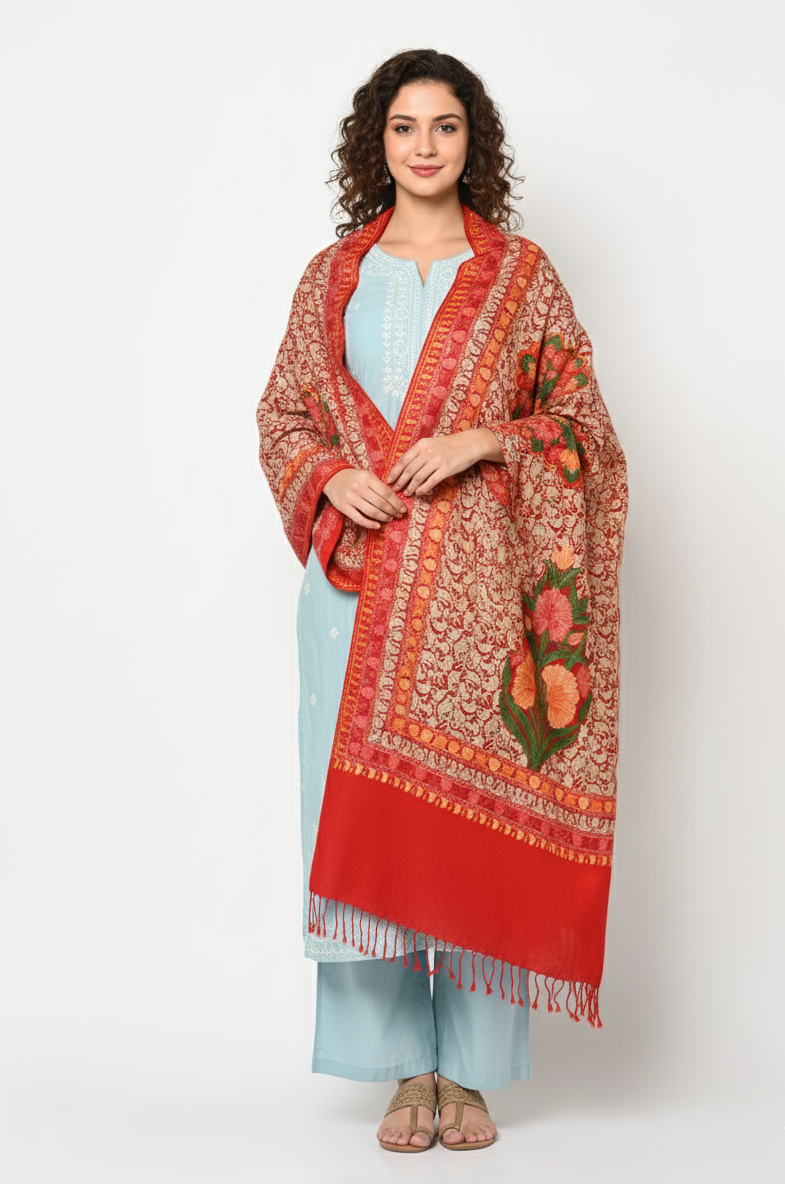 The Amritsar Store Red Kashmiri Shawl with Multicolor Aari Embroidered Floral Jaal