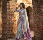 Phulkari Saree – Hand Embroidered Grey Saree with Pink Border | The Amritsar Store