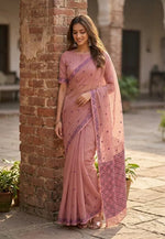 The Amritsar Store Phulkari Saree Hand Embroidered on elegant pink - The Amritsar Store