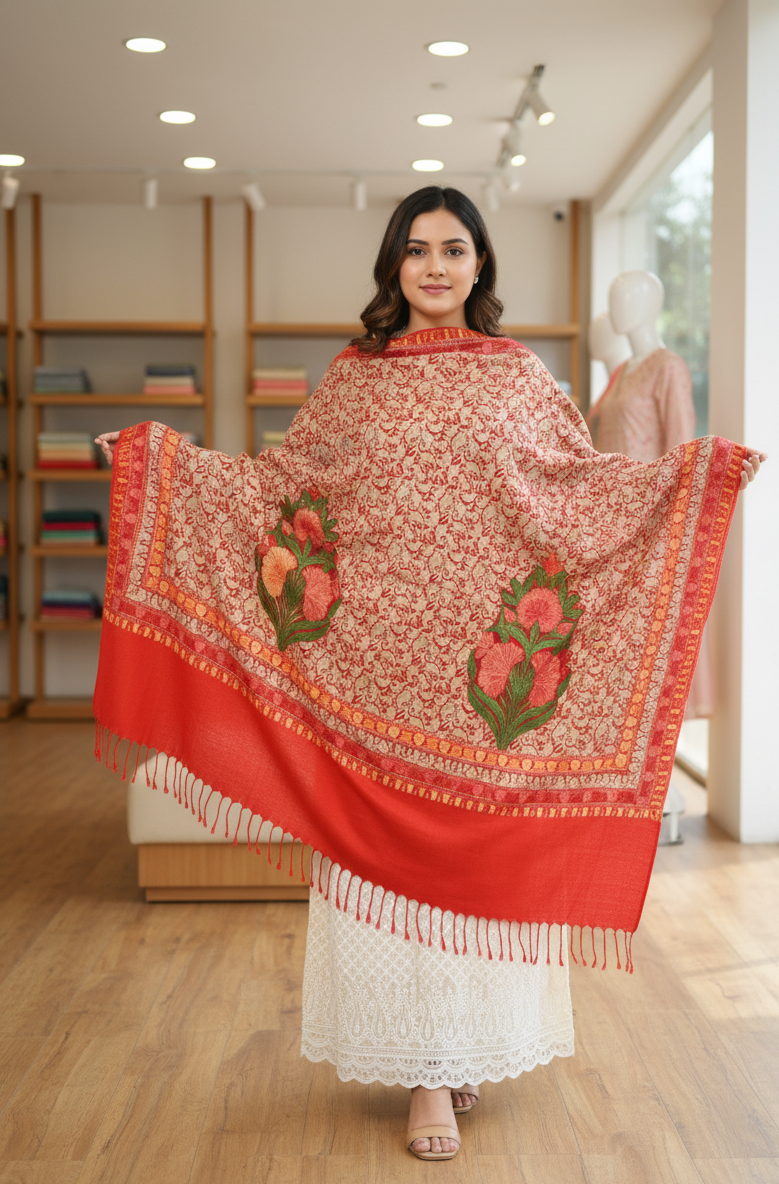 The Amritsar Store Red Kashmiri Shawl with Multicolor Aari Embroidered Floral Jaal