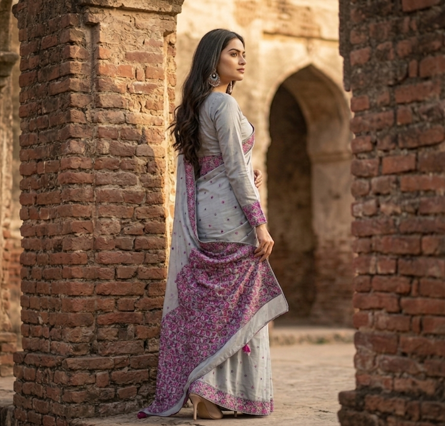 Phulkari Saree – Hand Embroidered Grey Saree with Pink Border | The Amritsar Store