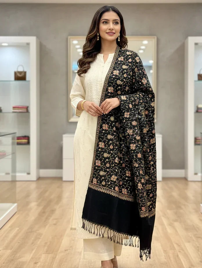 The Amritsar Store Womens Black Hand Embroidered Stole – Elegant Wool Wrap for Women - The Amritsar Store