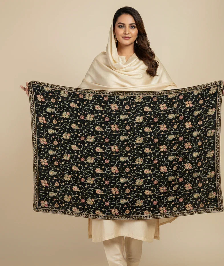The Amritsar Store Womens Black Hand Embroidered Stole – Elegant Wool Wrap for Women - The Amritsar Store