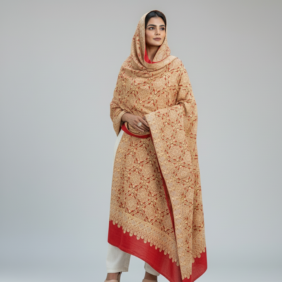 The Amritsar Store Women's Shawl Full Heavy Embroidery Jaal-Red Color