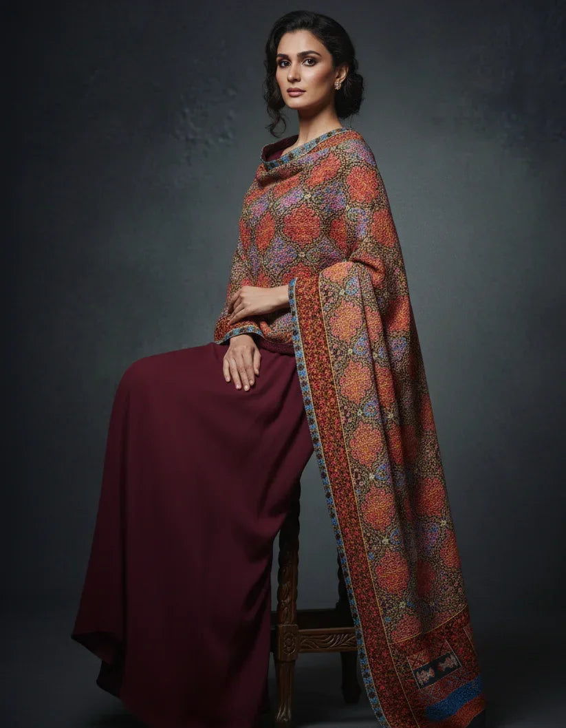The Amritsar Store Handcrafted Kashmiri Floral Stole – Multicolor Traditional Embroidery with Striped Tassels - The Amritsar Store