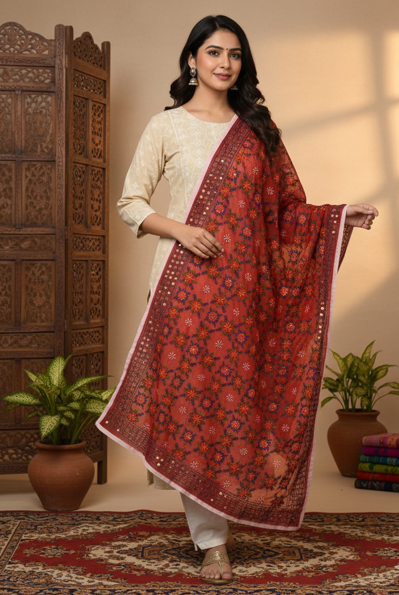 Red Phulkari Dupatta With Multicolor Embroidery by The Amritsar Store