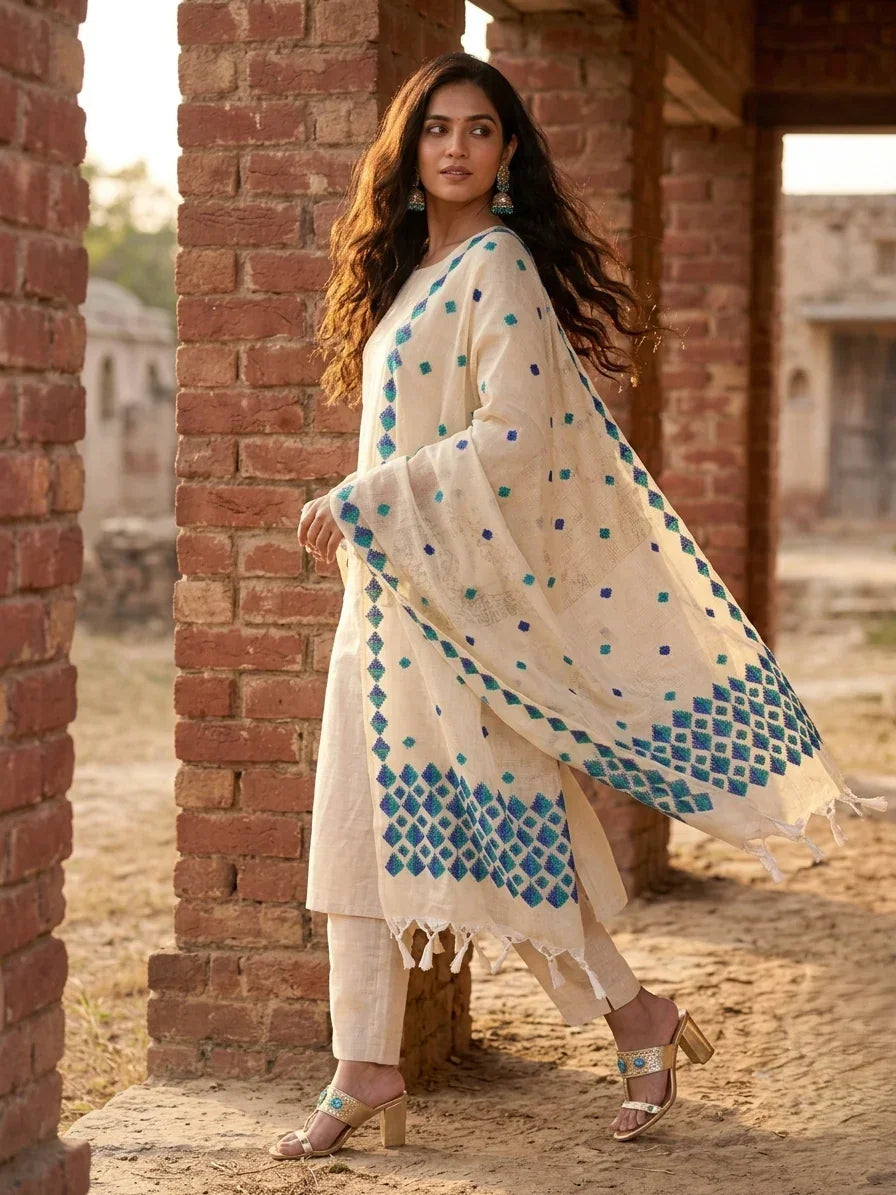 Phulkari Dupatta – Hand Embroidered White Dupatta with Blue Embroidery | The Amritsar Store - The Amritsar Store