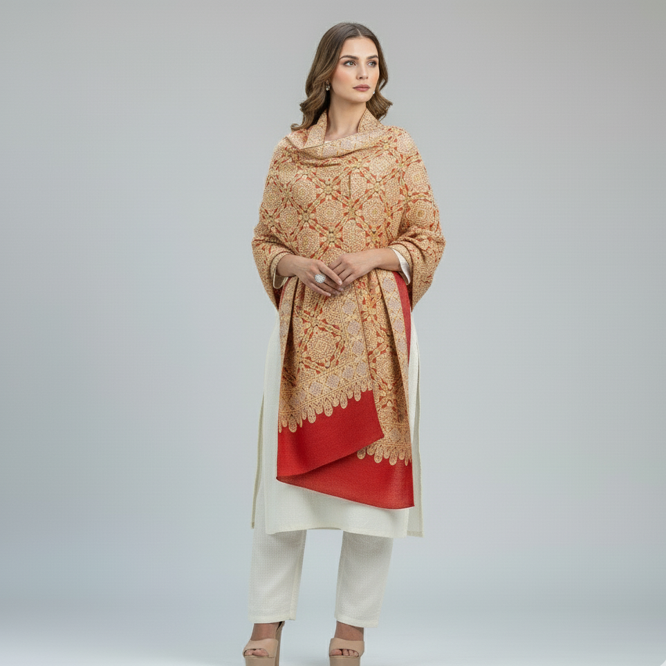 The Amritsar Store Women's Shawl Full Heavy Embroidery Jaal-Red Color