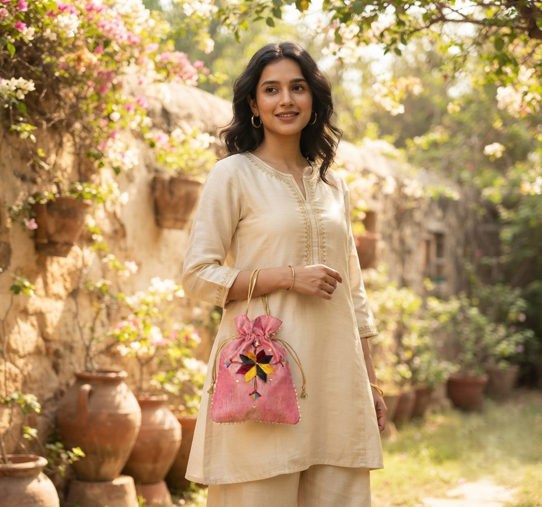 Phulkari Potli– Pink Hand Embroidered Floral Potli | The Amritsar Store