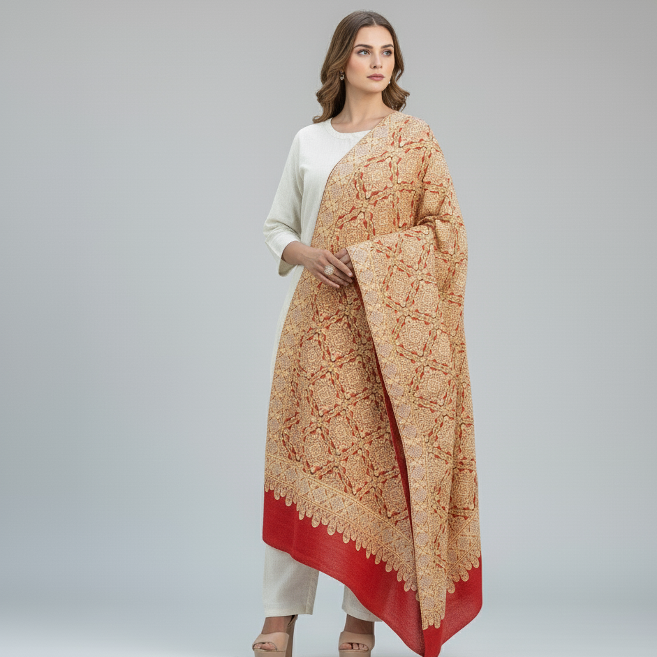 The Amritsar Store Women's Shawl Full Heavy Embroidery Jaal-Red Color