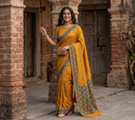 Phulkari Saree – Hand Embroidered Mustard Saree in Blue Thread | The Amritsar Store