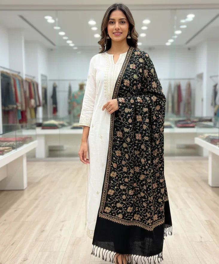The Amritsar Store Womens Black Hand Embroidered Stole – Elegant Wool Wrap for Women - The Amritsar Store