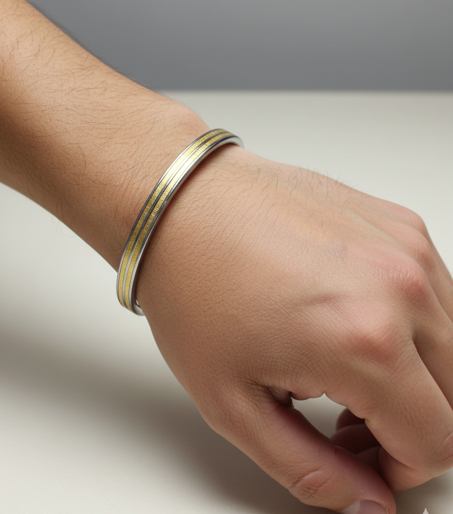Stainless Steel and Brass 2 Lines 7 mm Punjabi Kada for Men By The Amritsar Store