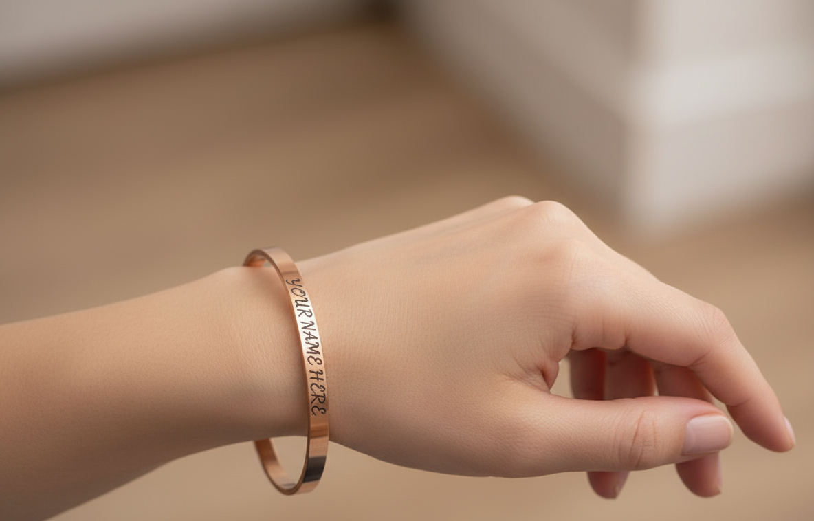 STAINLESS STEEL ROSE GOLD LADIES 3 MM OPENABLE FREE SIZE CUSTOMISED BANGLE BRACELET FOR GIRLS