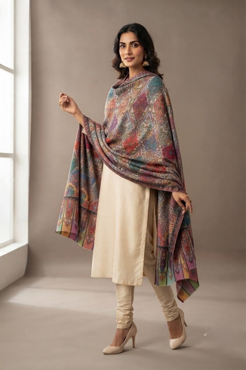 The Amritsar Store Pashmina Kalamkari Shawl,Hand Embroidered,Multicolor