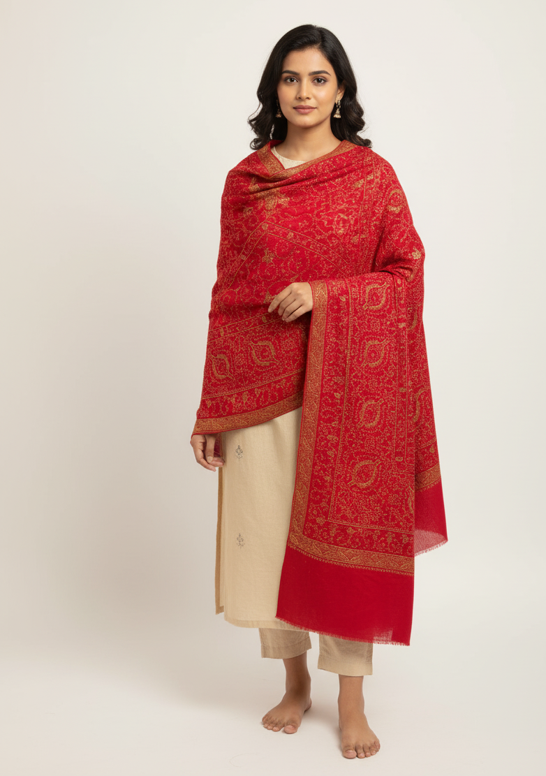 The Amritsar Store Red Pashmina Shawl with Hand Embroidery| Timeless Charm