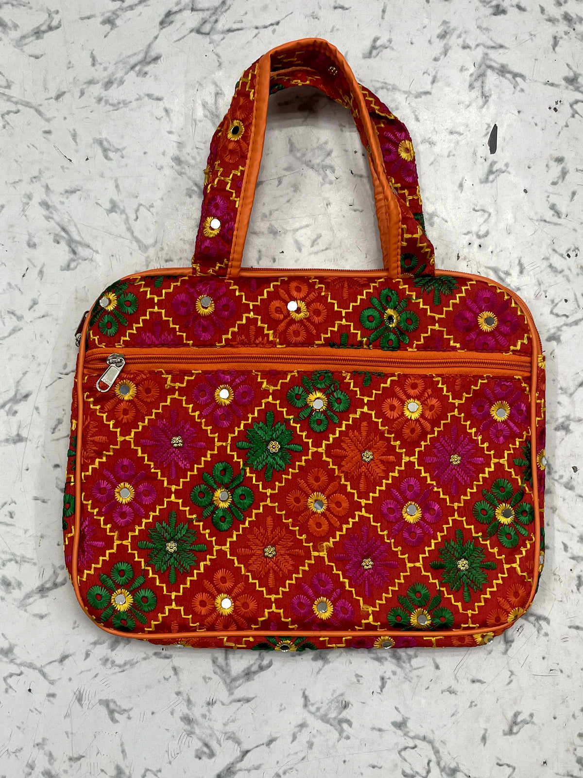 MulticolorRed Phulkari Paded laptop bag with mirror work with both side handles and extra zip pocket for chargers. - The Amritsar Store