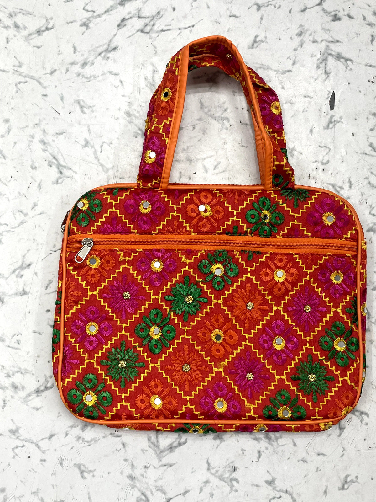 MulticolorRed Phulkari Paded laptop bag with mirror work with both side handles and extra zip pocket for chargers. - The Amritsar Store
