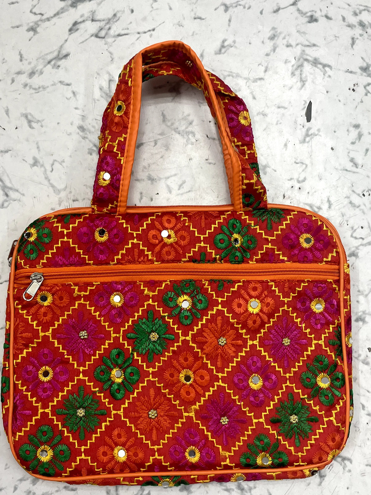 MulticolorRed Phulkari Paded laptop bag with mirror work with both side handles and extra zip pocket for chargers. - The Amritsar Store