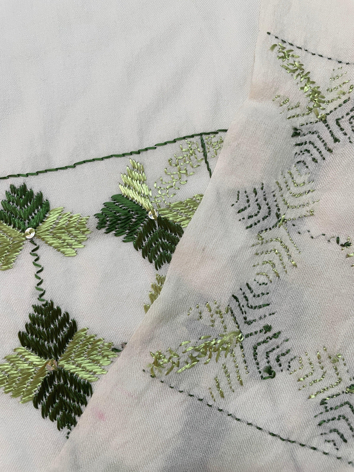 The Amritsar Store Phulkari Hand Embroidered Off-White Stole with Green Borders - The Amritsar Store