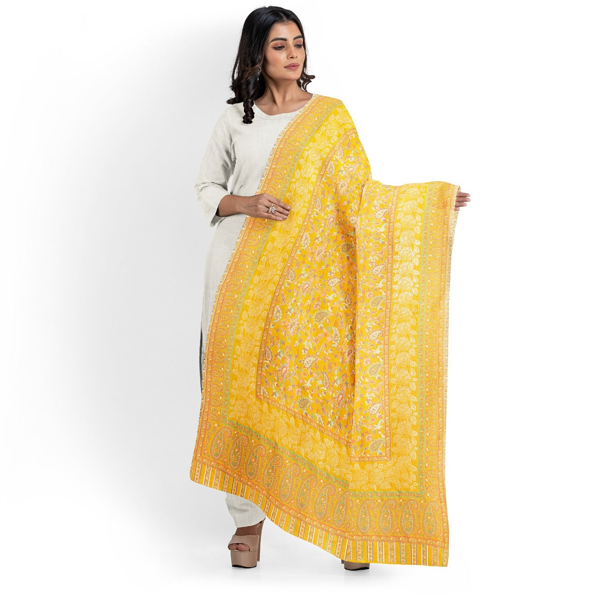 Womens Kani Zari Shawl, Mustard, Kashmiri Paisley Shawl for Women Bamboo Silk .The Amritsar Store