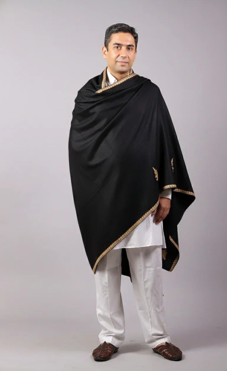 Hand Embroidered Kashmiri Shawl, Paisleys Embroidered In The Four Corners Surrounded With Embroidery. Warm Light Weight Shawl, Large Wool Shawl Unisex - The Amritsar Store