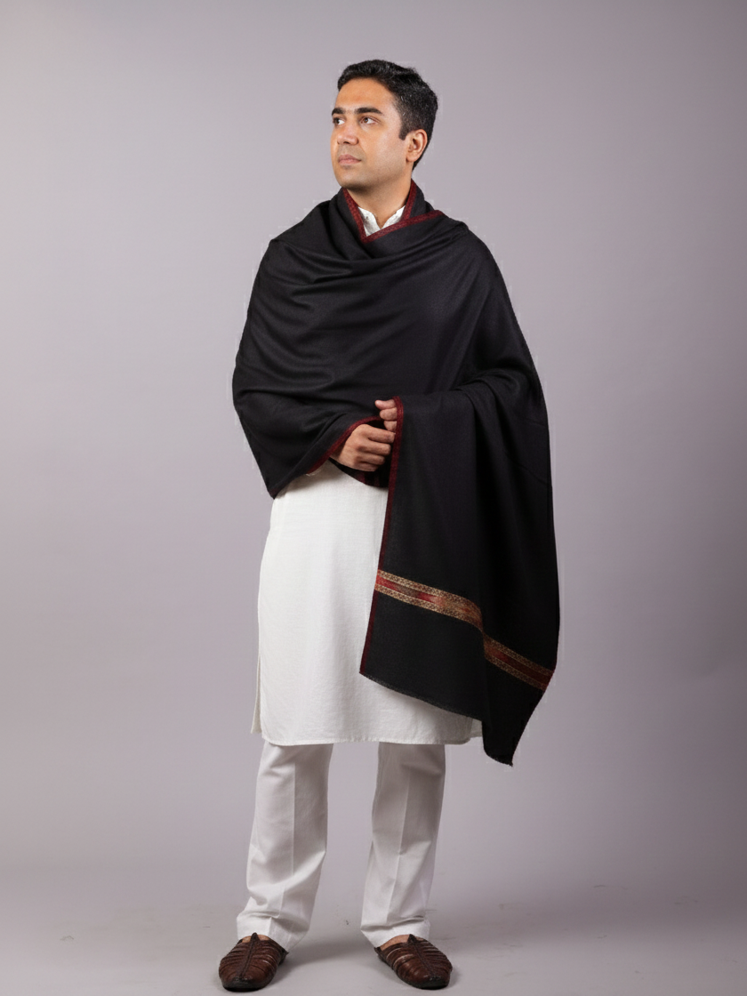 Himalayan Kullu Shawl, Four Side Border, Soft Wool Scarf, Large Wrap, Meditation Shawl, Over Sized Blanket, Light Weight & Warm Shawl. Unisex