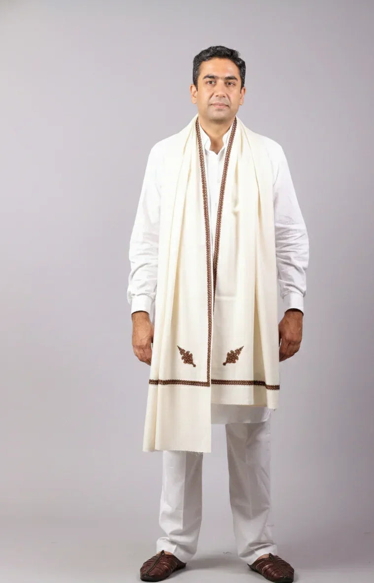 Hand Embroidered Kashmiri Shawl, Paisleys Embroidered In The Four Corners Surrounded With Embroidery. Warm Light Weight Shawl, Large Wool Shawl Unisex - The Amritsar Store