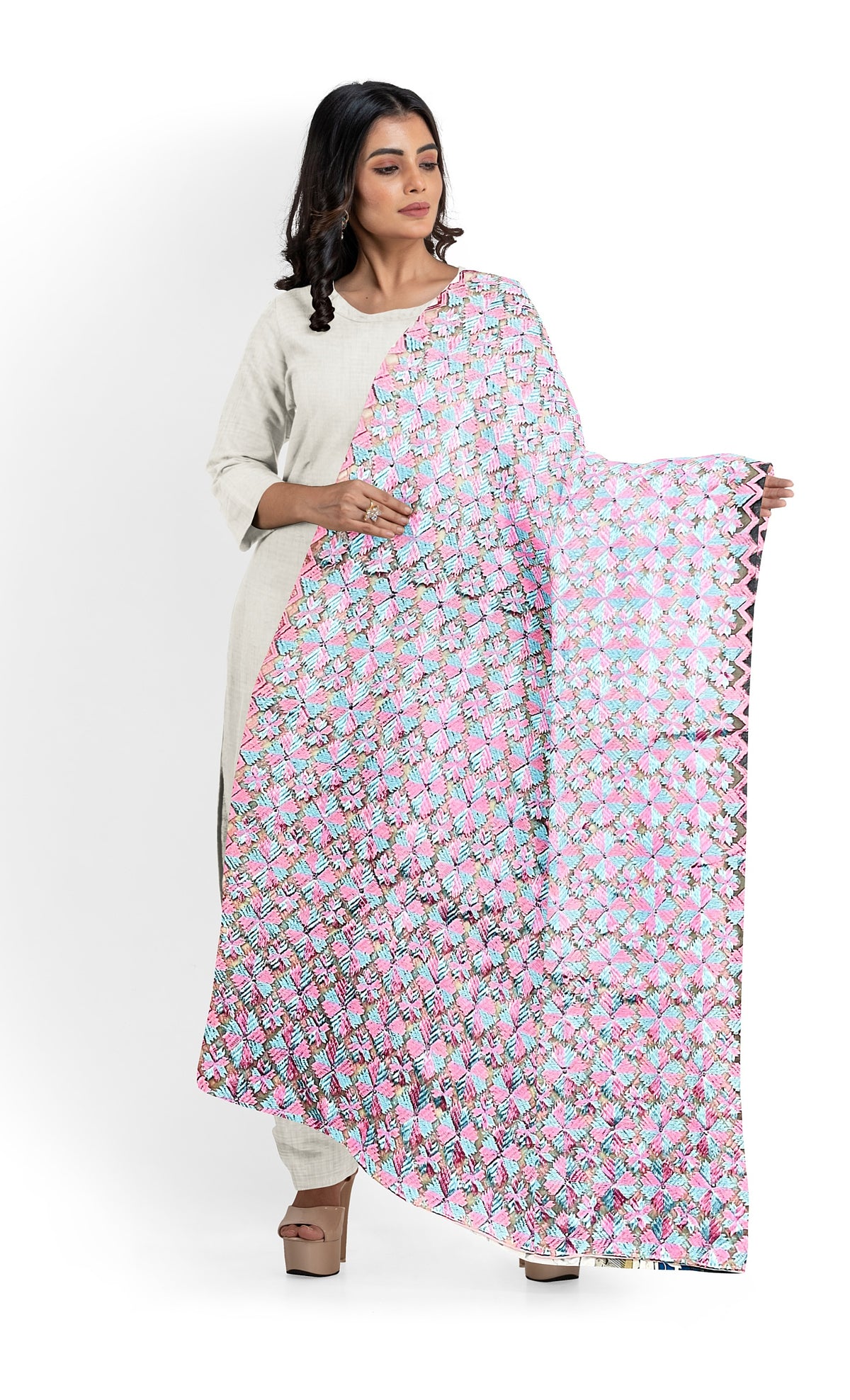 Pink and Grey Phulkari Dupatta - TraditionalDupatta | The Amritsar Store
