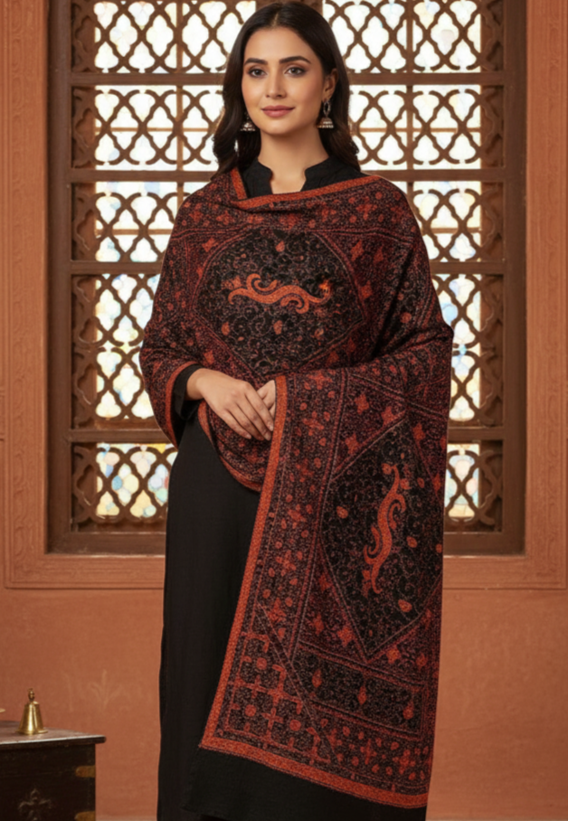 The Amritsar Store Black Pashmina Shawl with intricate Sozni embroidery – luxurious handcrafted wrap showcasing fine Kashmiri craftsmanship and elegance.