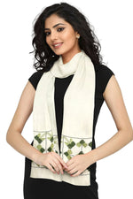 The Amritsar Store Phulkari Hand Embroidered Off-White Stole with Green Borders - The Amritsar Store