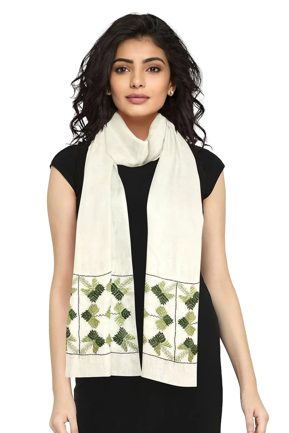 The Amritsar Store Phulkari Hand Embroidered Off-White Stole with Green Borders - The Amritsar Store