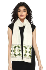 The Amritsar Store Phulkari Hand Embroidered Off-White Stole with Green Borders - The Amritsar Store