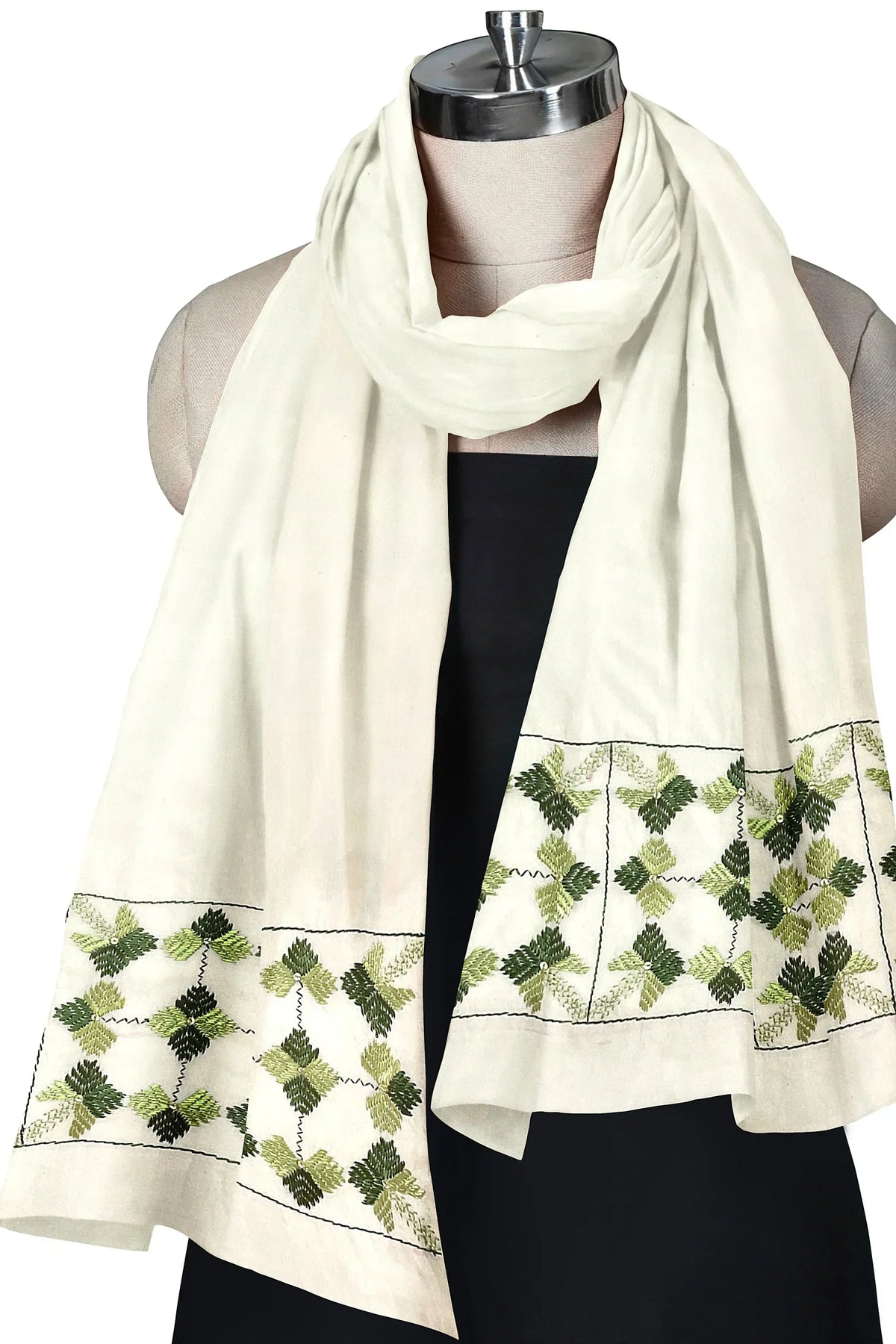 The Amritsar Store Phulkari Hand Embroidered Off-White Stole with Green Borders - The Amritsar Store