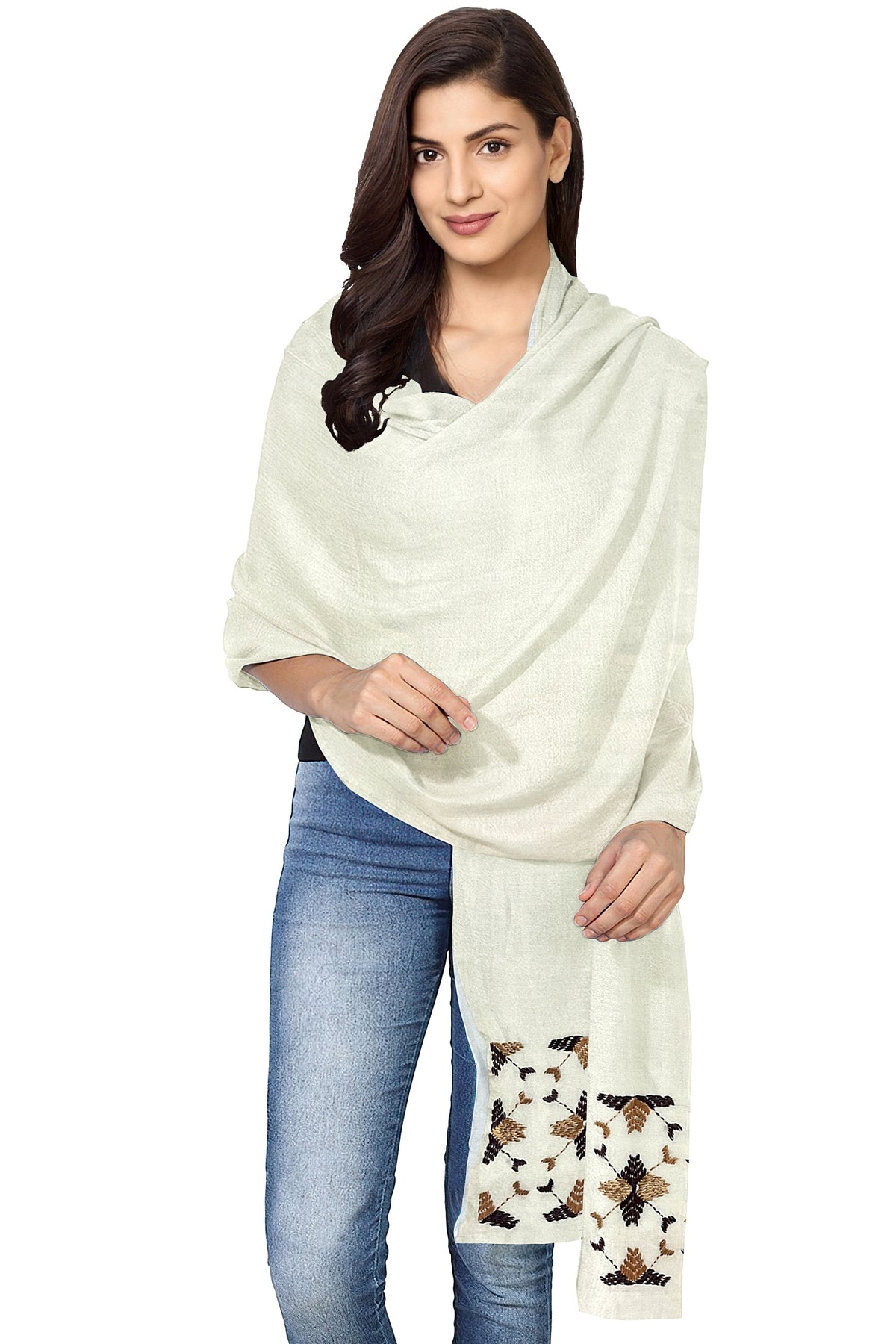 The Amritsar Store Phulkari Hand-Embroidered Cream Stole with geometric Pattern