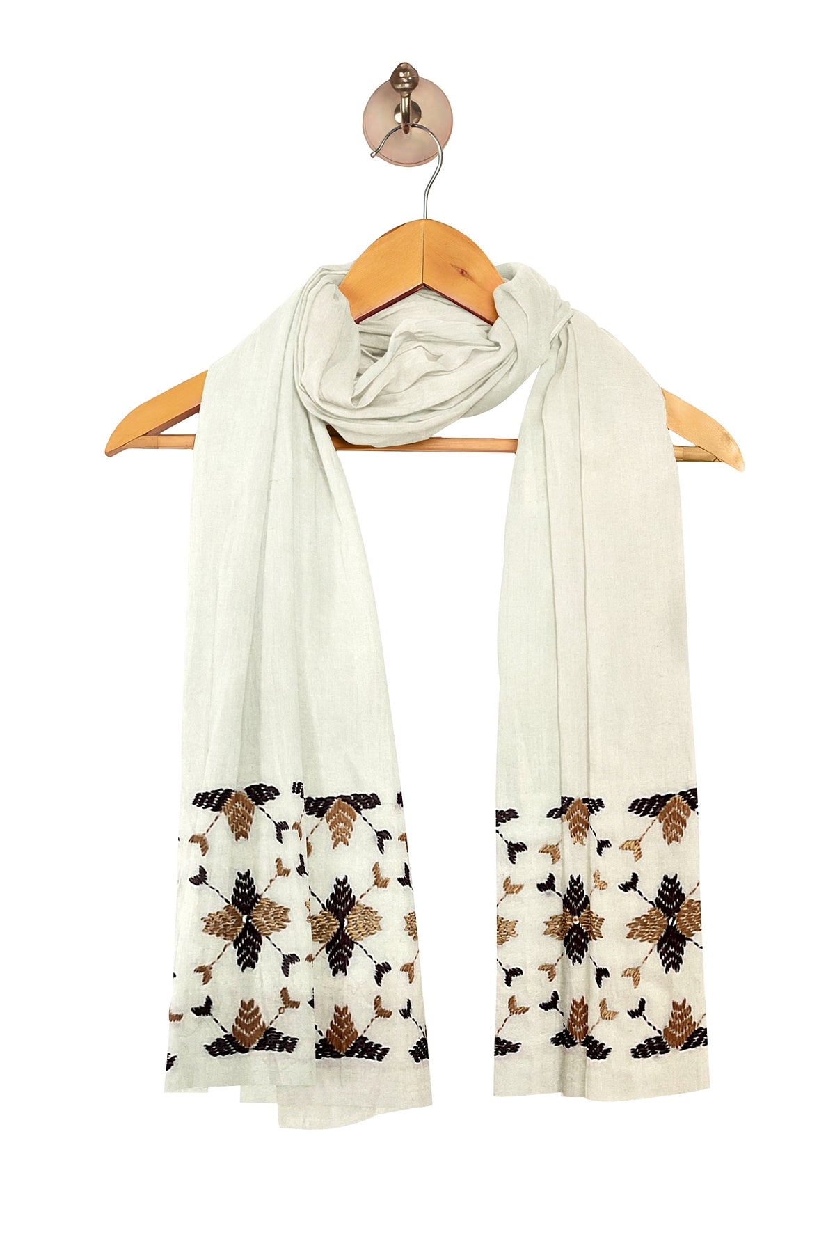 The Amritsar Store Phulkari Hand-Embroidered Cream Stole with geometric Pattern