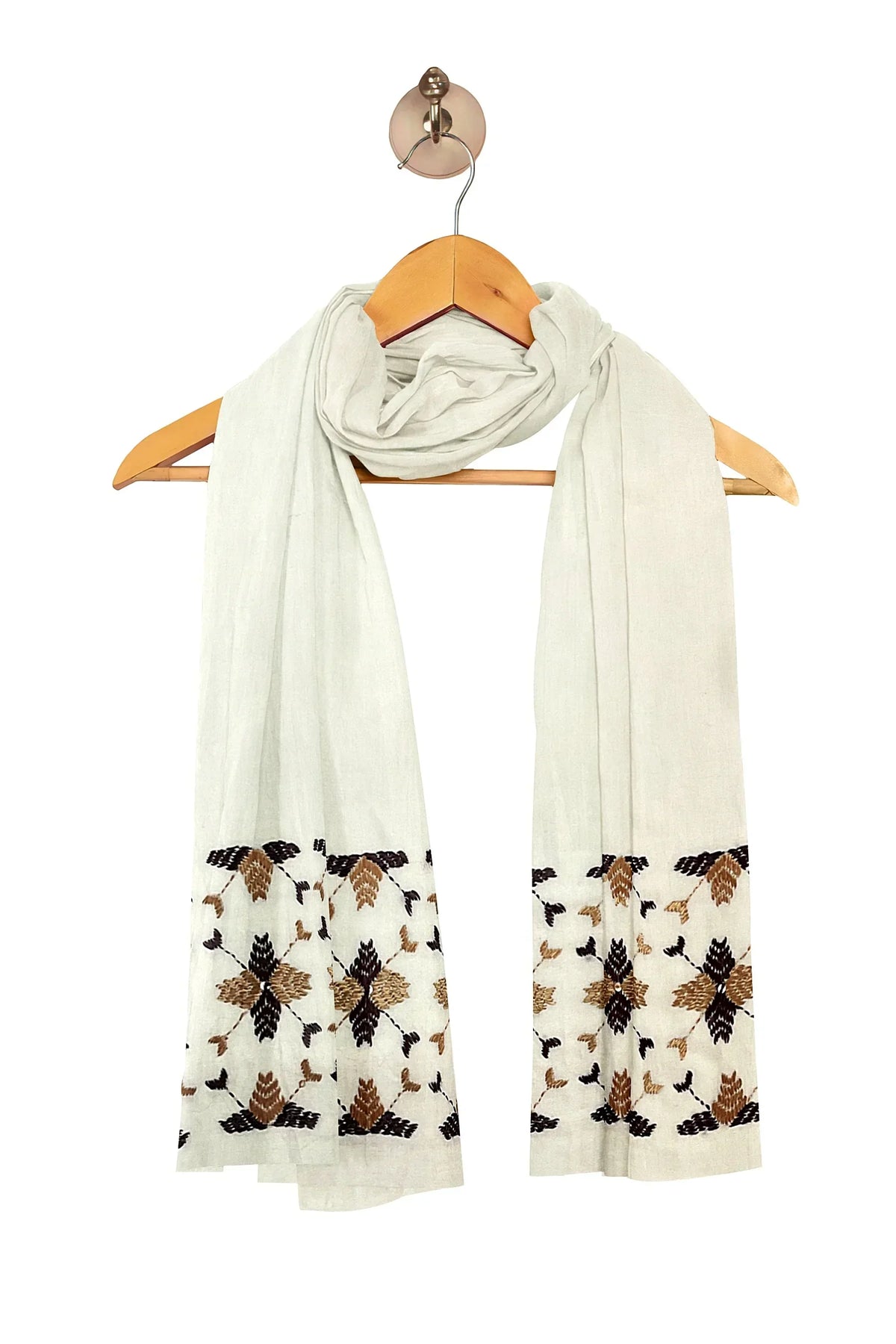 The Amritsar Store Phulkari Hand-Embroidered Cream Stole with geometric Pattern - The Amritsar Store