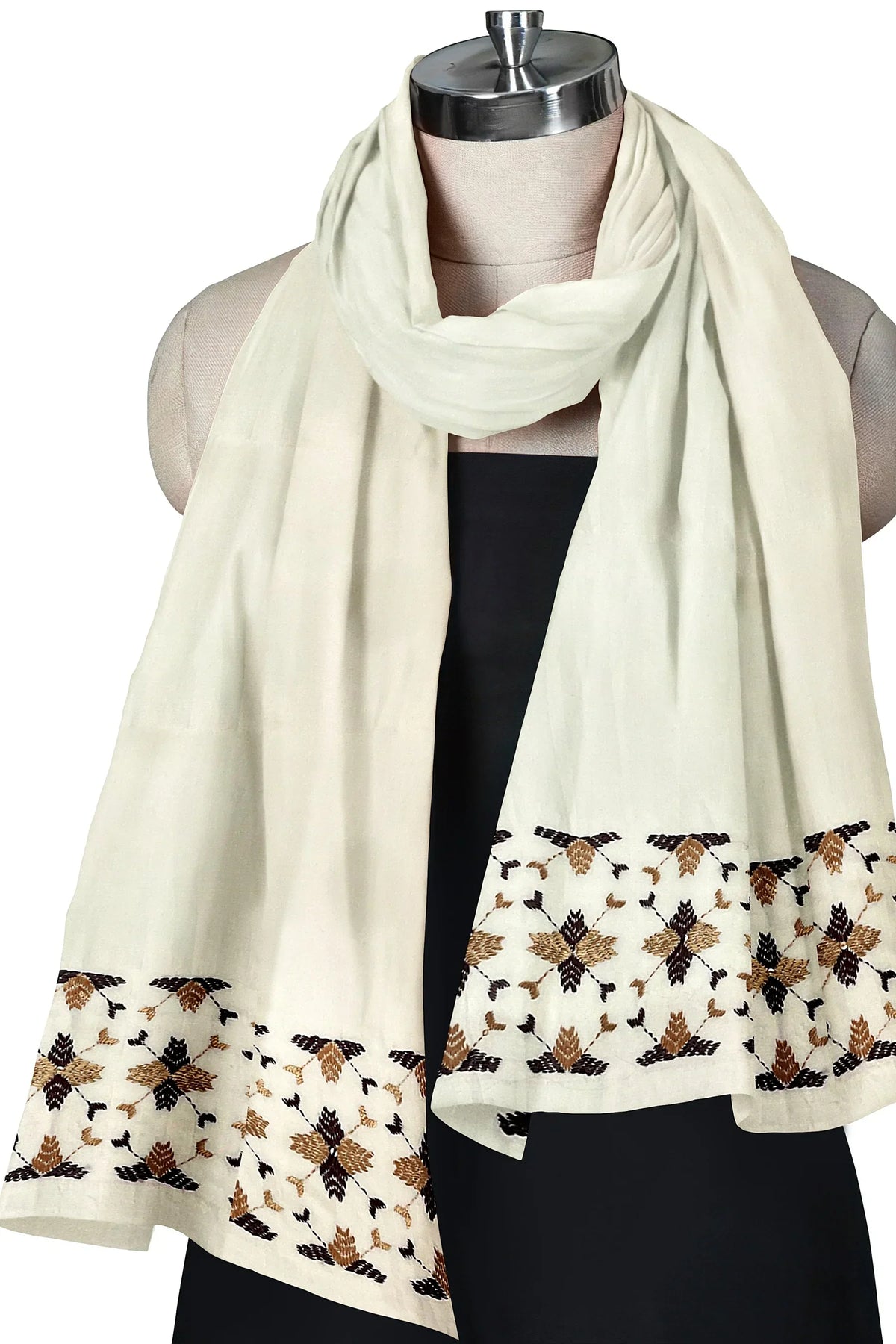 The Amritsar Store Phulkari Hand-Embroidered Cream Stole with geometric Pattern - The Amritsar Store