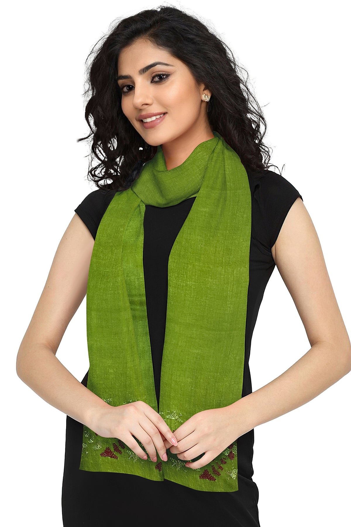 The Amritsar Store Phulkari Hand Embroidered Stole in green with Magenta Border