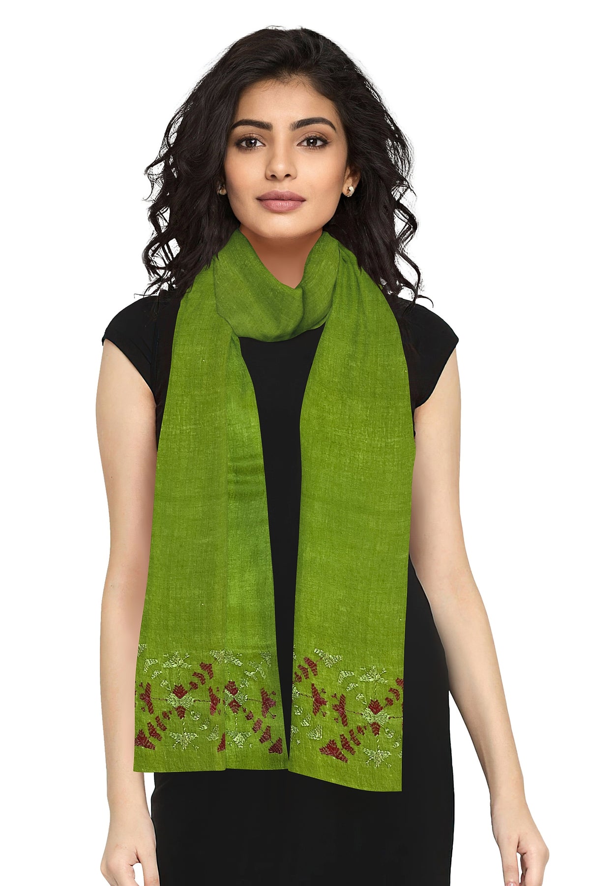 The Amritsar Store Phulkari Hand Embroidered Stole in green with Magenta Border