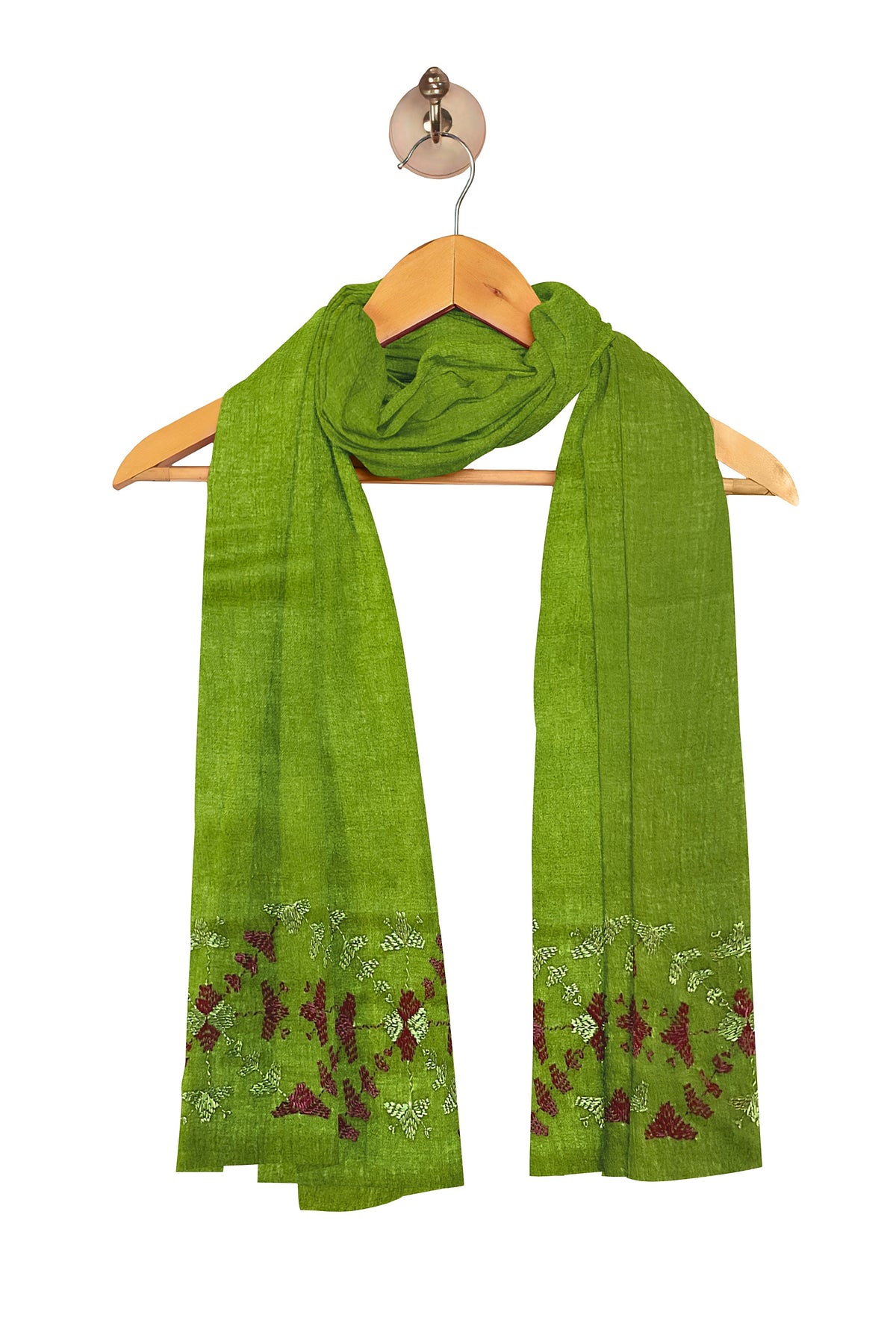 The Amritsar Store Phulkari hand embroidered green stole with magenta border showcasing traditional Punjabi craftsmanship