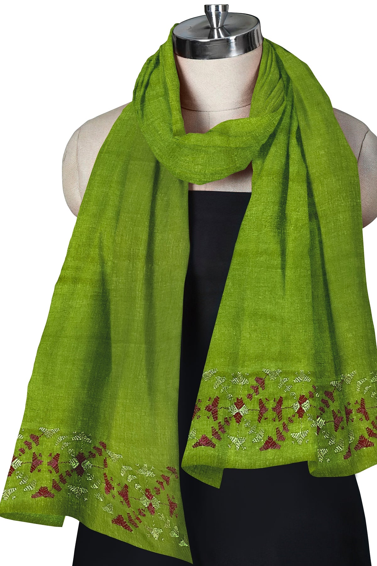 The Amritsar Store Phulkari hand embroidered green stole with magenta border showcasing traditional Punjabi craftsmanship